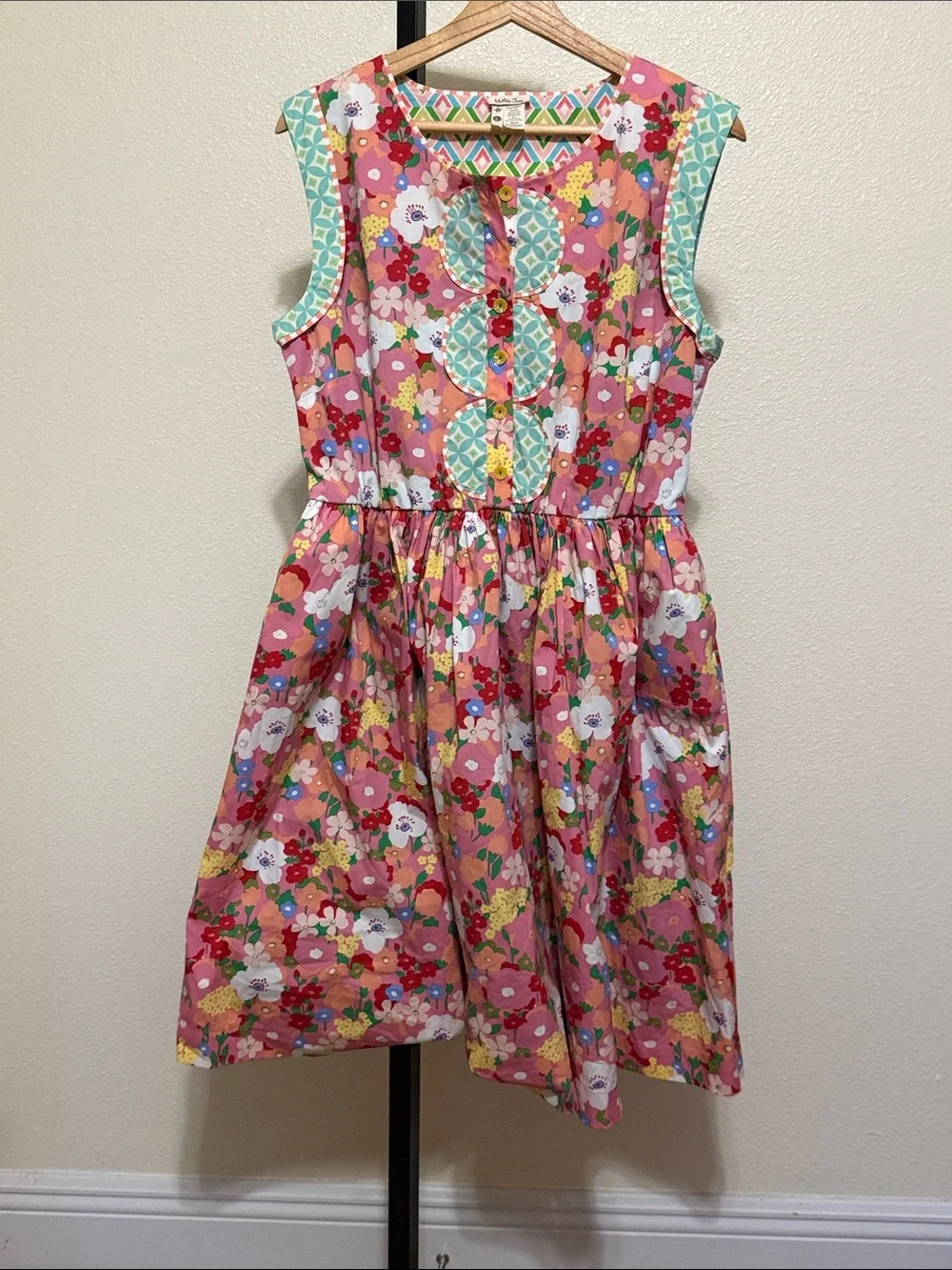 Matilda Jane 🌻Pink Floral Cotton Dress with Aqua Trim - Picture 1 of 9